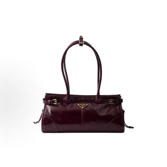 PRADA Bonnie Enamel metal triangular logo handbag, medium-sized women\'s Burgundy red